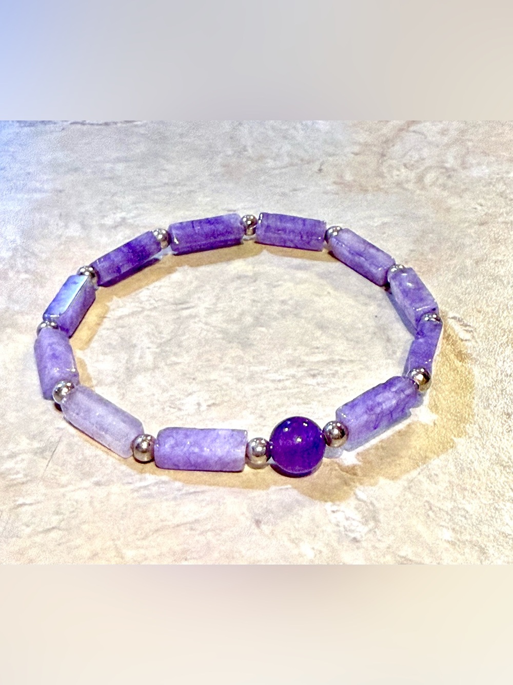 Amethyst & Amethyst Quartz Beaded Stretch Bracelet with Silver Accents Beads
